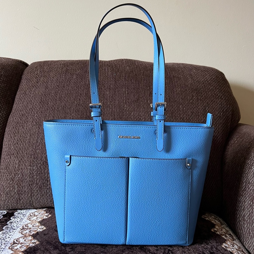 MICHAEL KORS South Pacific Blue Medium Silver-Tone Hardware Tote Handbag NWT